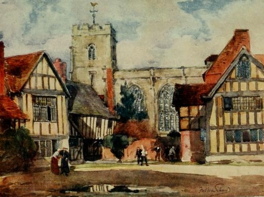 The grammar school at Stratford-on-Avon. From Warwickshire, the land of Shakespeare.  
Clive Holland. (1922)