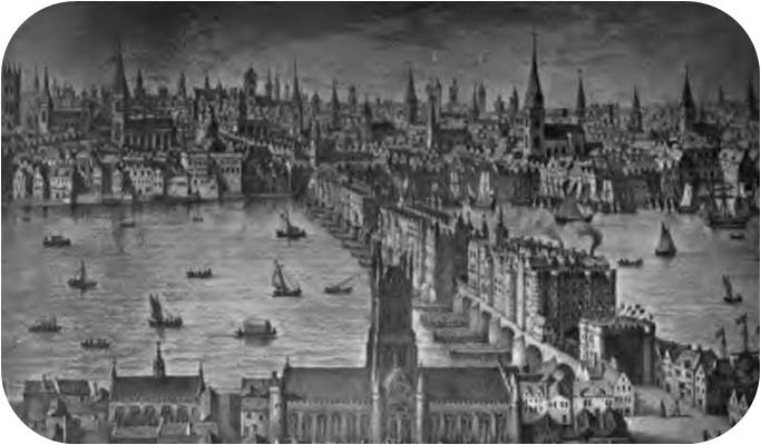 London Bridge (From an engraving by Vischer, 1616).