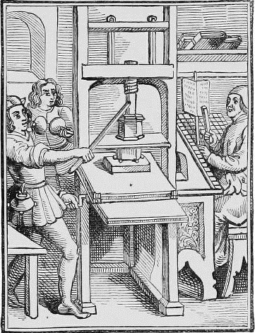 Old printing press. From The Triumphs of the Printing Press. Walter Gerrold. London, Partridge & Co.