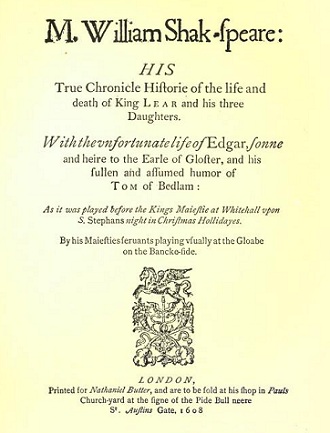 The title page of the first printed version of King Lear (1608), known as Q1.