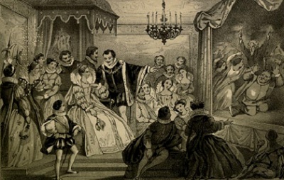 A play before Queen Elizabeth at Christmas. From Christmastide by William Sandys, 1860.