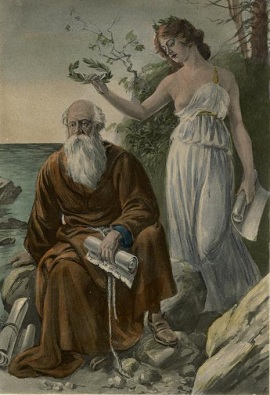 Saxo Grammaticus, seated by the shore of a Northern sea. From Powell's Translation of the Danish History, 1905.